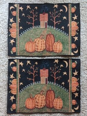 Set Of 2 Folk Art Fall Pumpkin Tapestry Placemats By Robin Betterly. USA Made